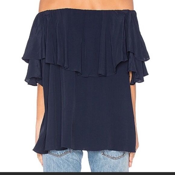 MLM Label ~ Midnight Blue Ruffle Off the Shoulder Blouse ~ Size XS - Picture 2 of 6